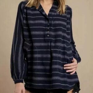 Free People Rolling Clouds Navy Blue Stripes Hooded Pullover Top in Size XS